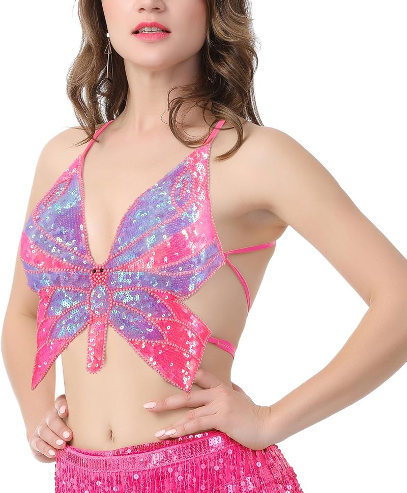 Mocure Womens Glitter Sequin Butterfly Crop Top Low-Cut Tank Top Rave Tube Vest Top for Belly Dance Costume Outfits - Image 3